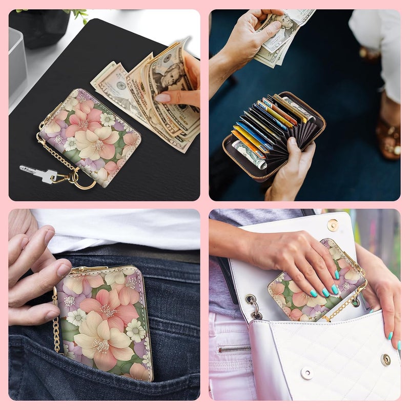 Blusabaca Flower Floral Credit Card Holder for Women, Small RFID Wallet with Zipper, Card Keychain Wallet, Leather Wallet Card Case, Business Blocking Accordion Wallet Gift - Image 3